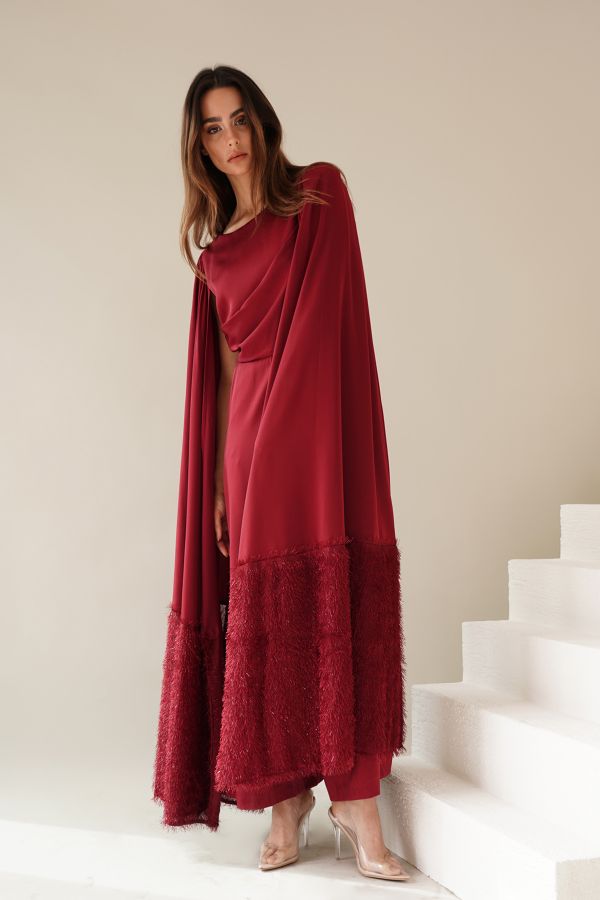 Burgundy jumpsuit with cape sleeves