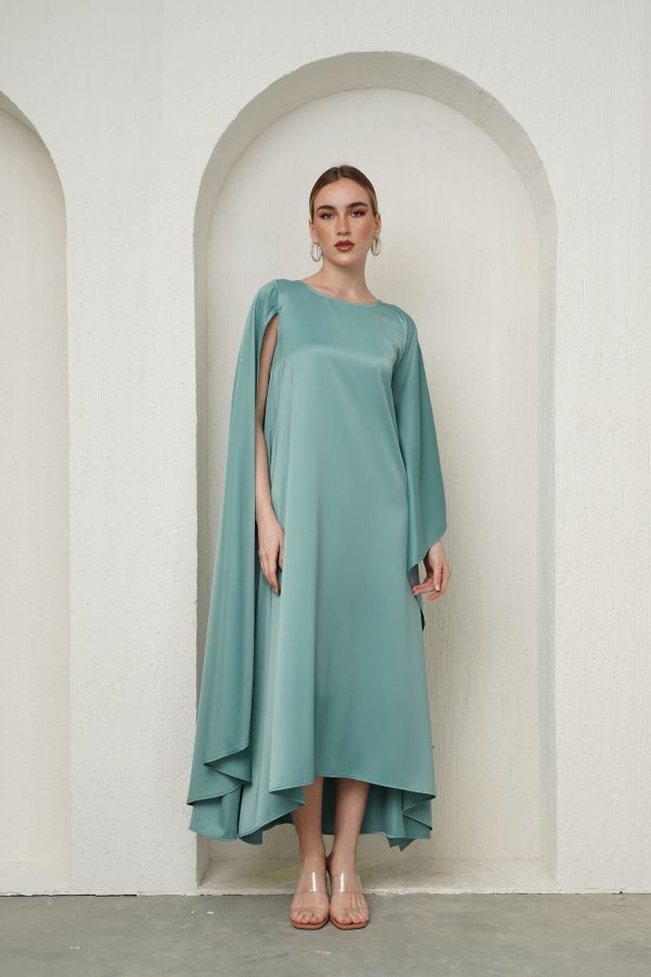 Blue asymmetric cape dress