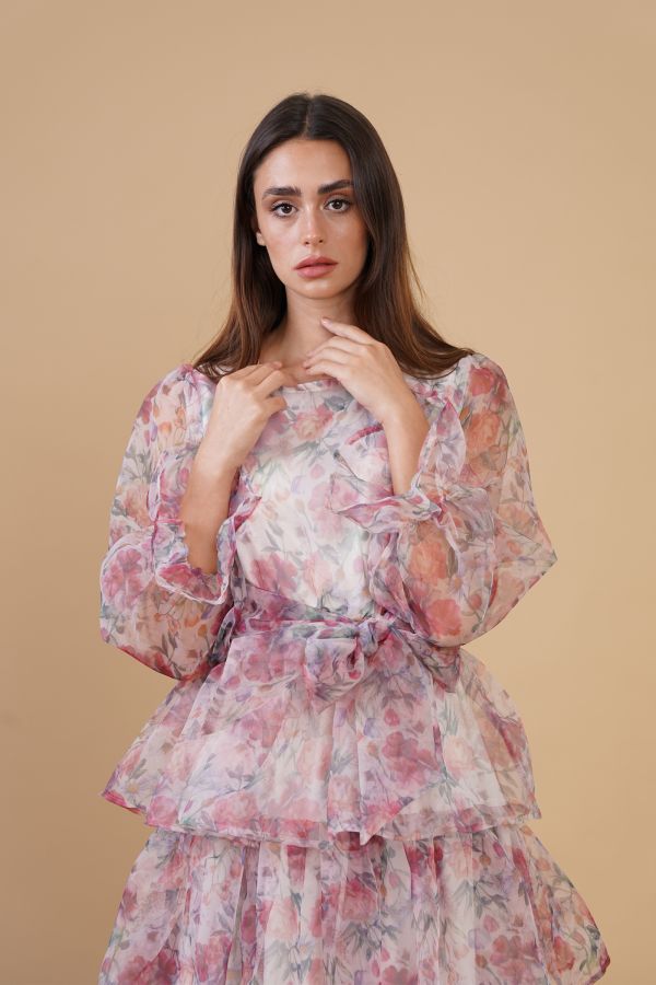 Long Sleeves Organza Floral Dress with Ruffles