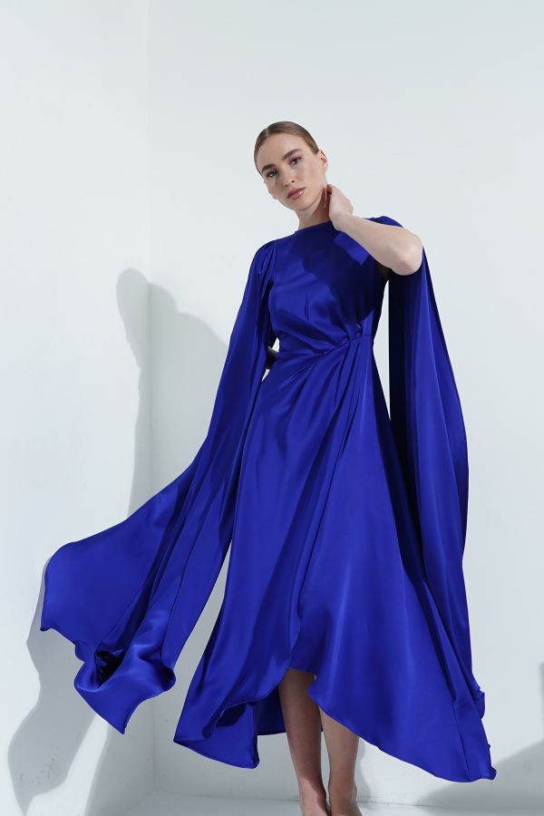 Royal blue gathered waist dress with cape sleeves