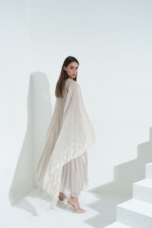 Beige pleated cape dress