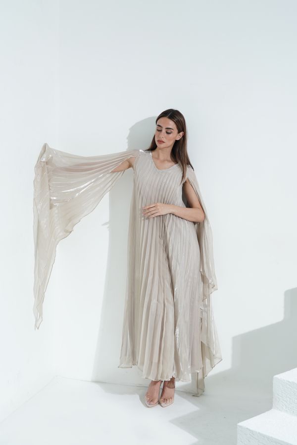 Beige pleated cape dress