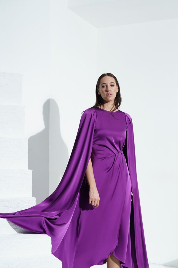 Purple gathered waist dress with cape sleeves