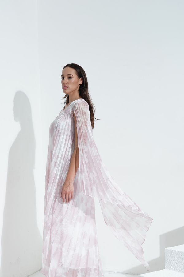 Pink floral pleated cape dress
