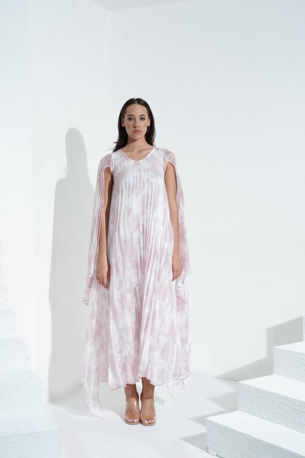 Pink floral pleated cape dress