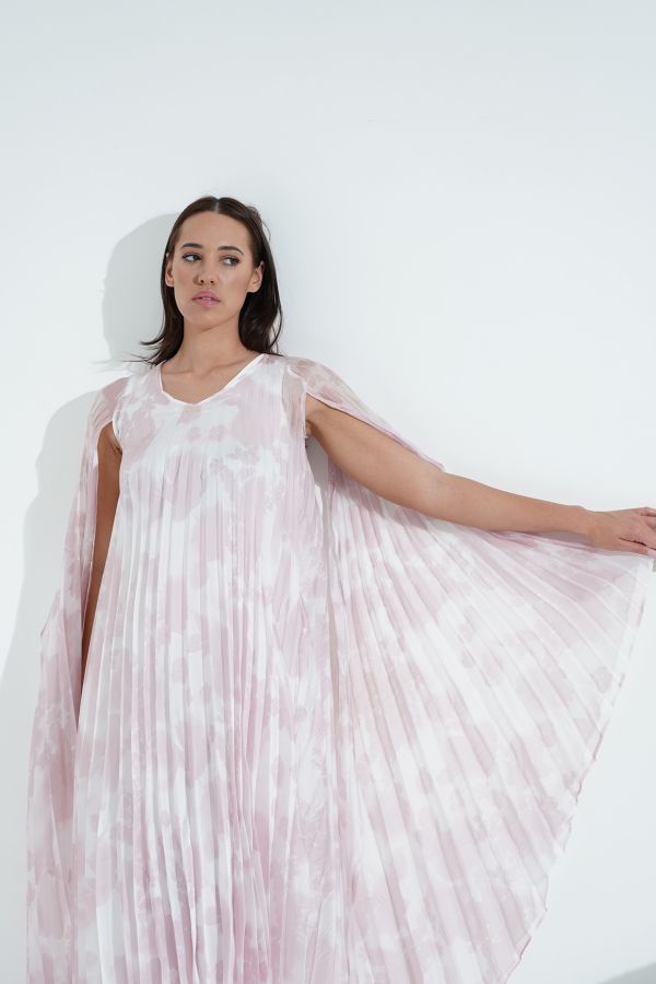 Pink floral pleated cape dress