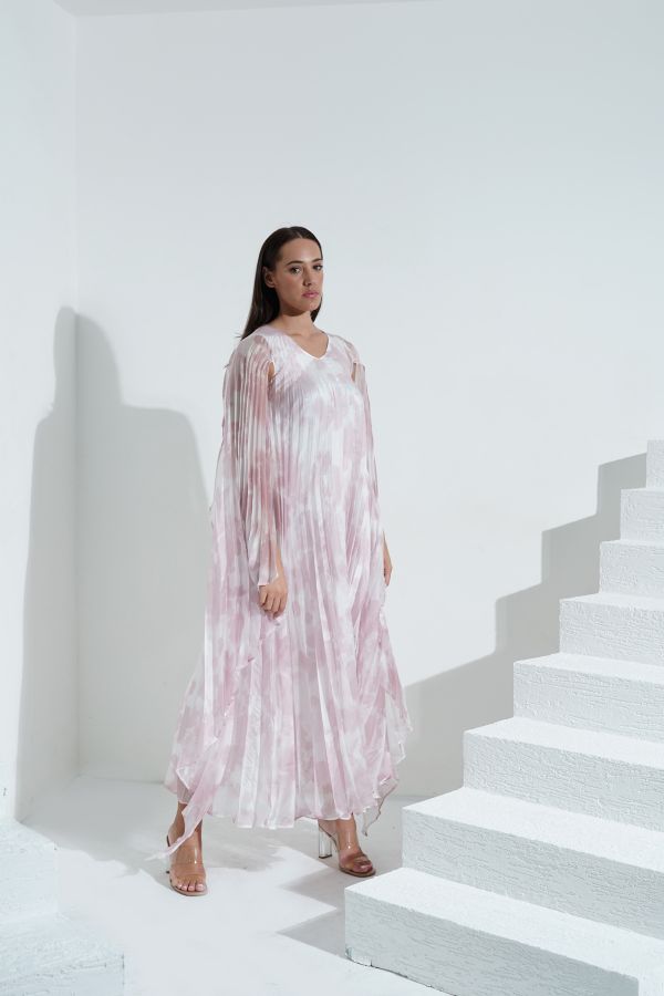Pink floral pleated cape dress