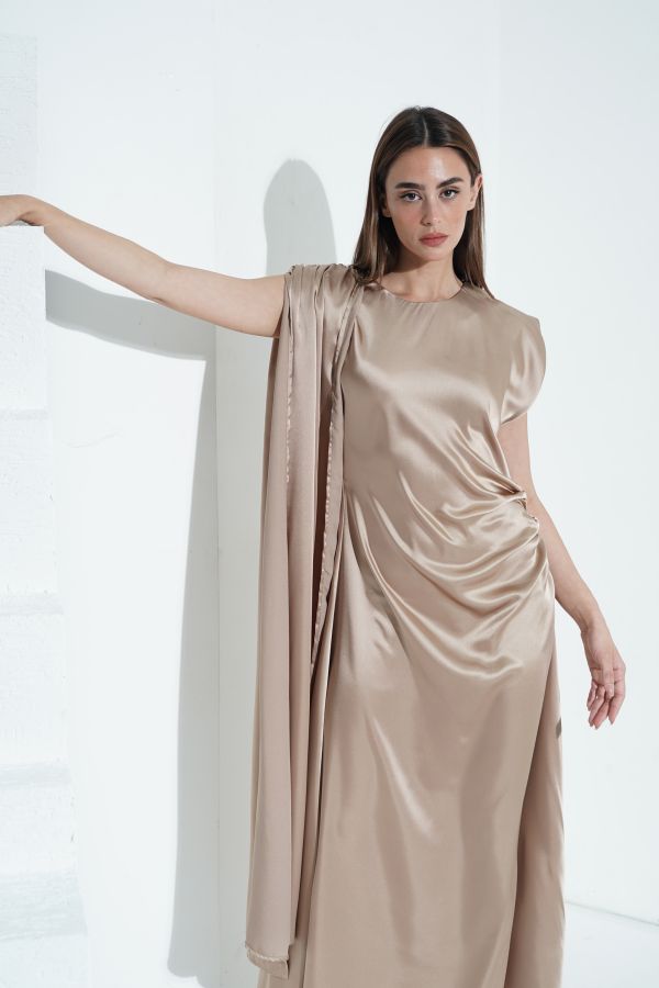 Beige  gathered waist dress with shoulder cape
