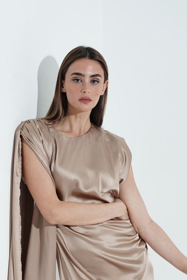 Beige  gathered waist dress with shoulder cape
