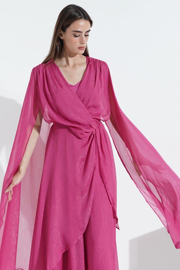 Dark pink cape dress with draped details 