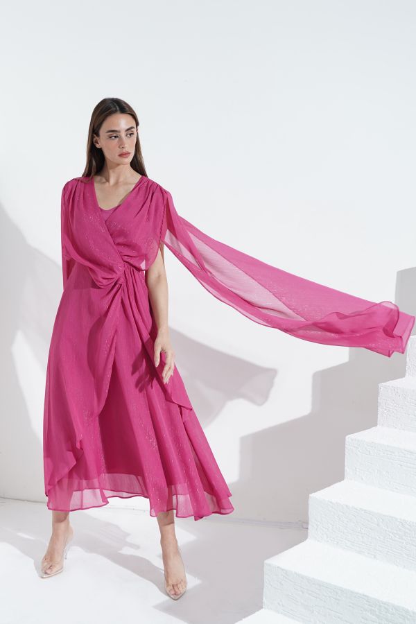 Dark pink cape dress with draped details 