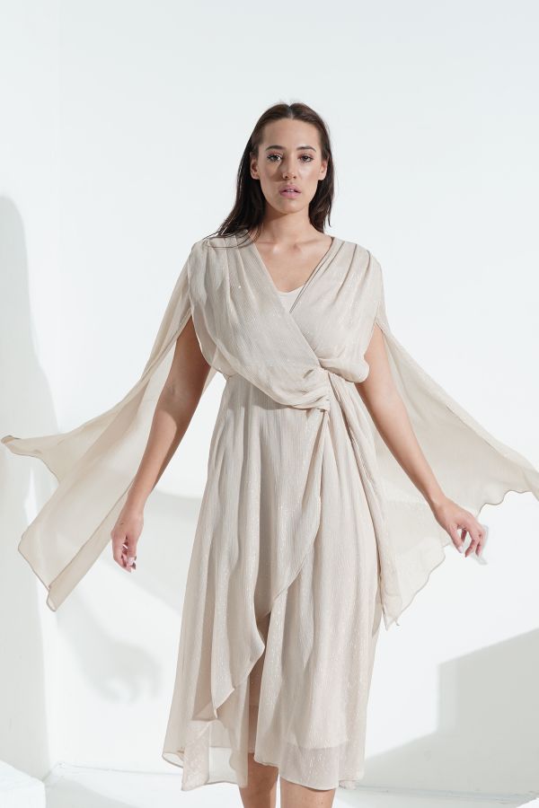 Beige cape dress with draped details 