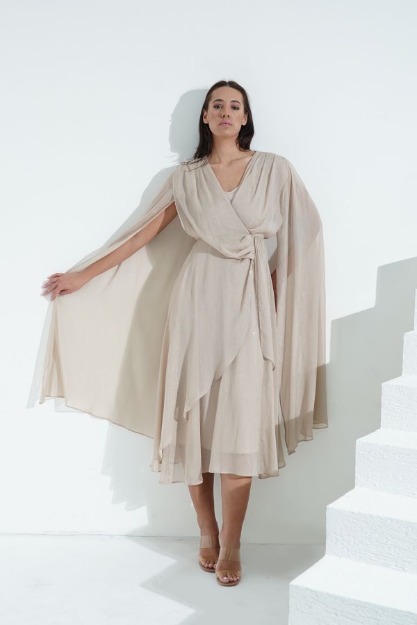 Beige cape dress with draped details 