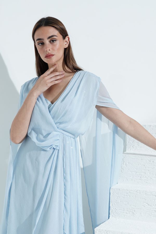 Blue cape dress with draped details 