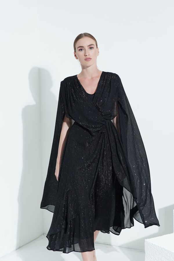 Black cape dress with draped details 