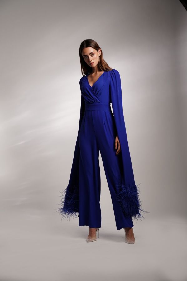 Royal blue jumpsuit with feather cape sleeves - Le Merge