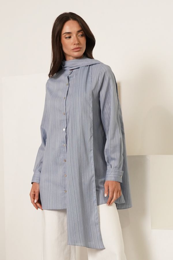 Blue striped shirt with scarf