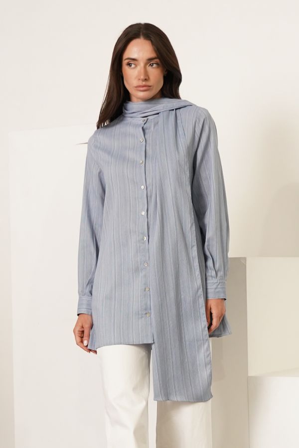 Blue striped shirt with scarf