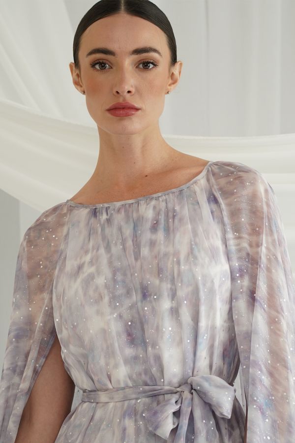 Purple printed dress with cape sleaves