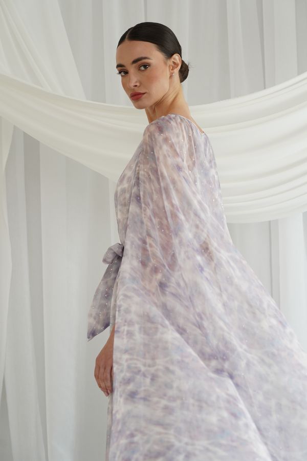 Purple printed dress with cape sleaves