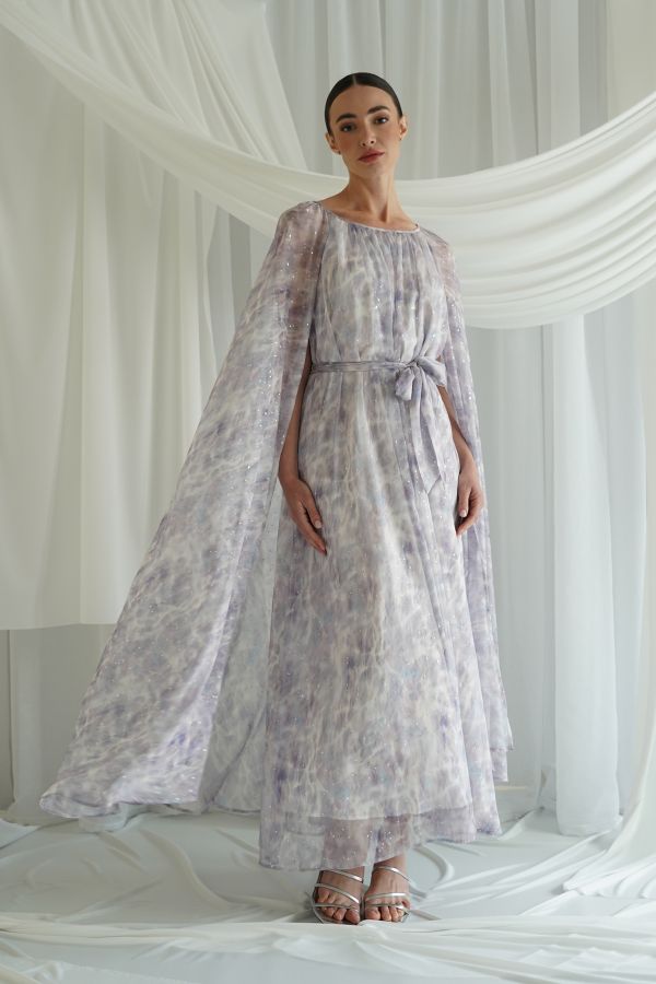 Purple printed dress with cape sleaves