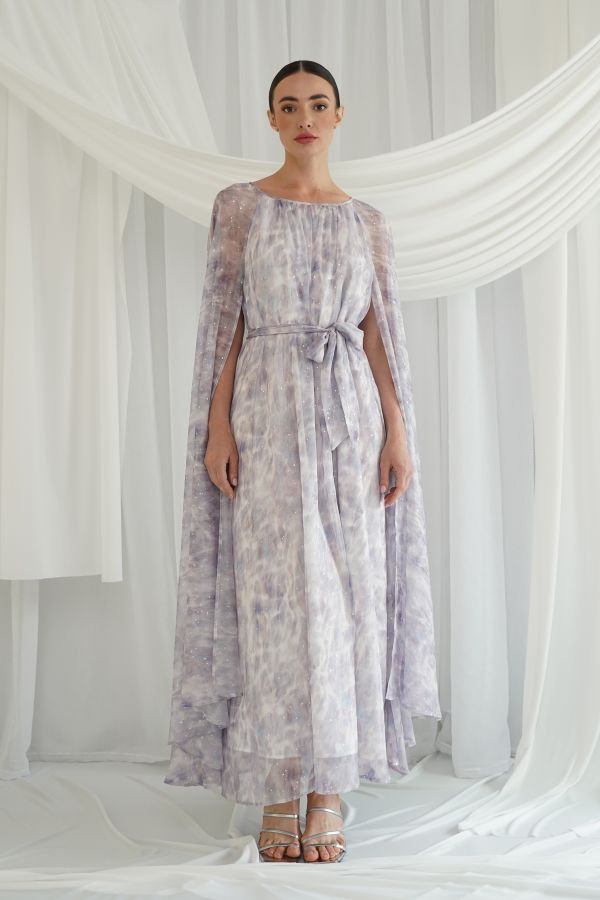 Purple printed dress with cape sleaves
