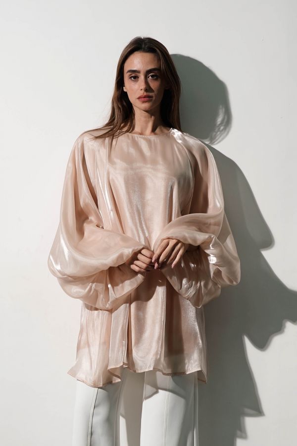 Beige Shirt with Oversized Sleeves